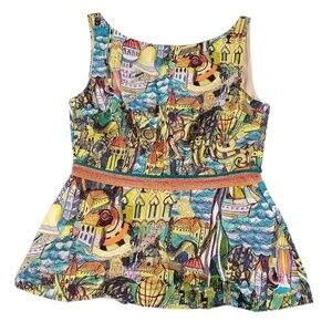 Weston Anthropologie Cityscape Print Peplum Sleeveless Tank Top Womens Size XS